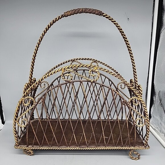 Vintage Twisted Metal Magazine Rack Gold 18" Tall - Picture 1 of 7